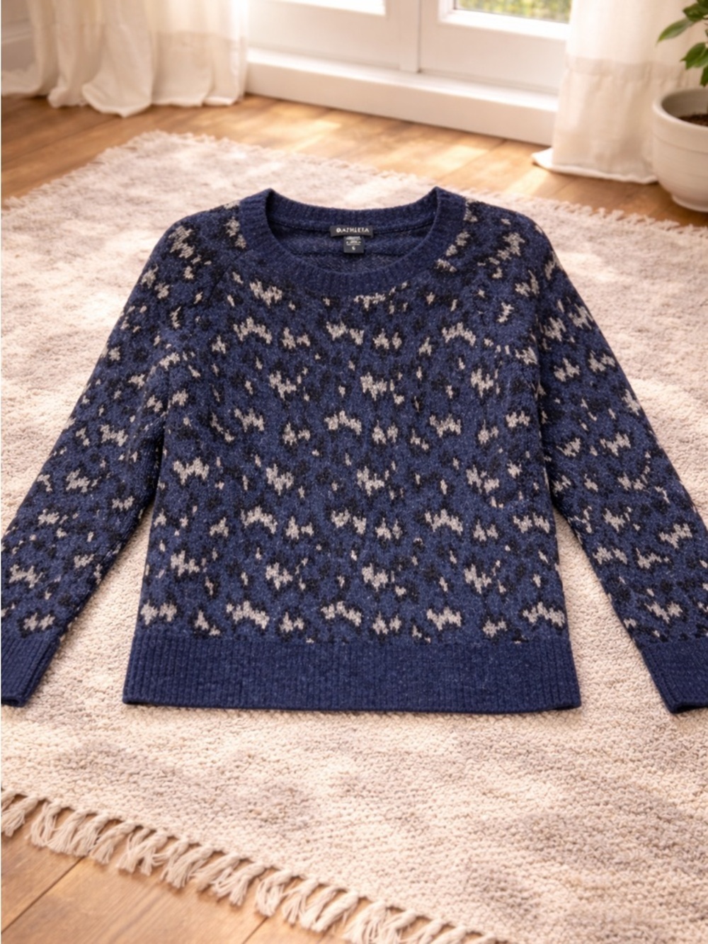 Athleta Hawthorne Extra Fine Merino Wool Blend Sweater Blue Gray Fair Isle Small